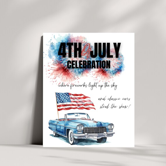 Editable 4th of July Welcome Sign Template | Printable BBQ & Fireworks Block Party, Classic Car and Fireworks Party Sign, Memorial Day Decor