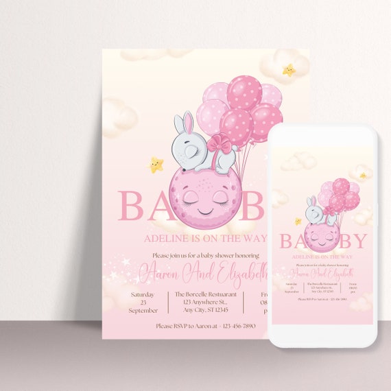 Editable Pink Bunny Girl Shower Invitation Template - A Little Bunny is On The Way! Editable Baby Shower Invitations, Baby Announcement