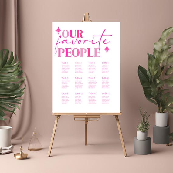 Editable Retro White and Pink Wedding Seating Chart, Customizable Seating Chart Template, Printable Table Chart for Weddings and Events