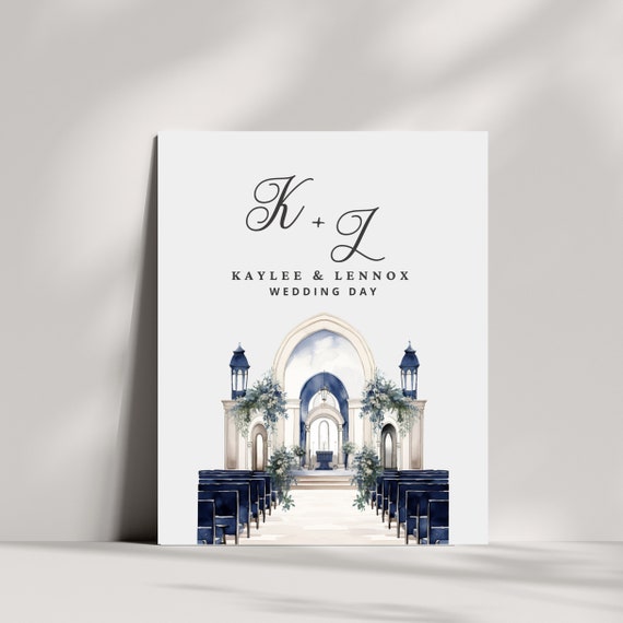 Editable Navy Blue Church Wedding Welcome Sign Template - Elegant Chapel Welcome Poster - Customizable Wedding Entrance Decor