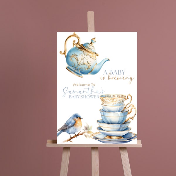 Customizable Baby Shower Tea  Welcome Sign Template, Blue and Gold Tea Pot Party Signage, A Baby Is Brewing Banner, Blue Boy Editable Signs