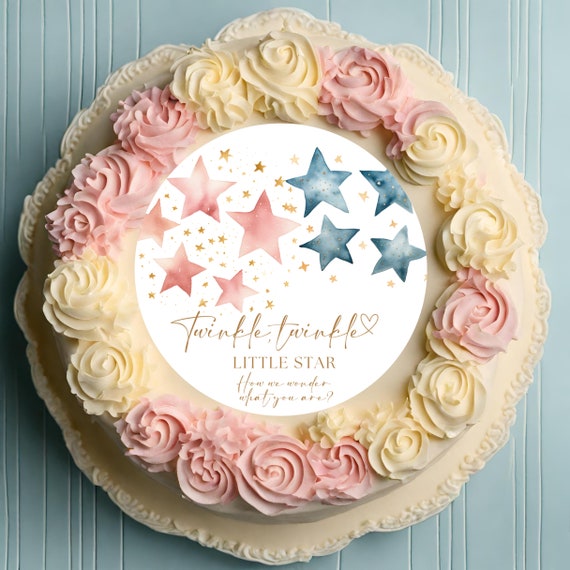 Twinkle Little Star Gender Reveal Edible Cake Topper - Personalized Pink and Blue Stars | Custom Sugar Paper Birthday Decor