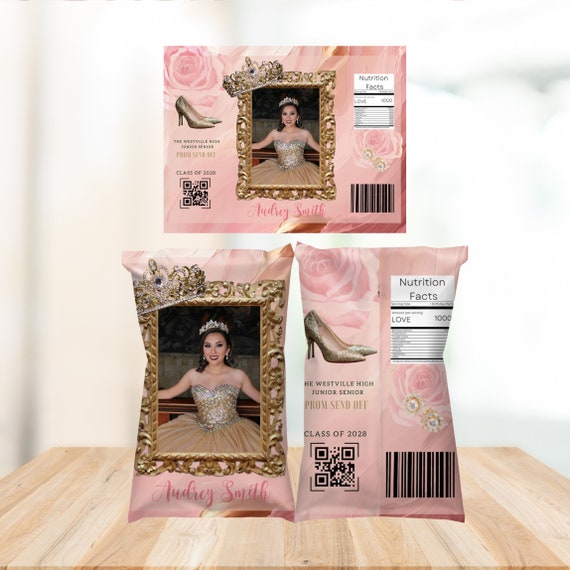 Prom Send Off Chip Bag Template, Prom Party Favors, Printable Photo Chip Bags, Pink and Gold Custom Bags, Instant Download, #PPPG