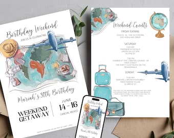 Birthday Weekend Vacation Invitation, Weekend Getaway Birthday Itinerary, Vacation Girls weekend Invite, Bday Travel Printable, #BWG