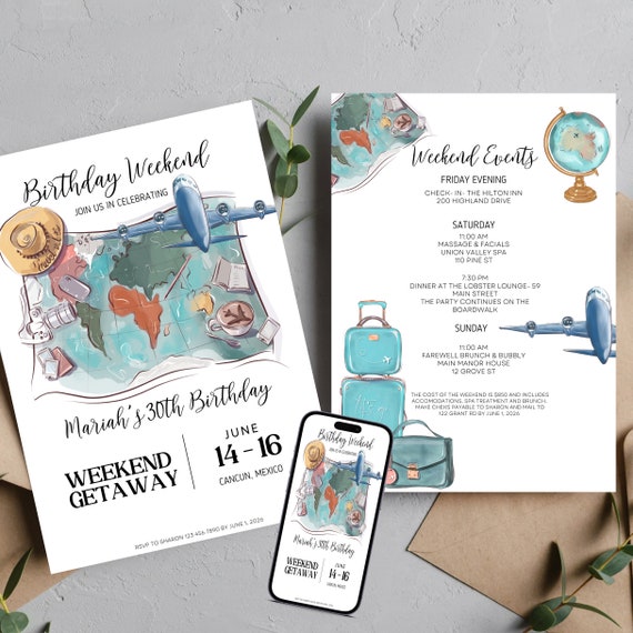 Birthday Weekend Vacation Invitation, Weekend Getaway Birthday Itinerary, Vacation Girls weekend Invite, Bday Travel Printable, #BWG