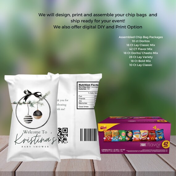 Christmas Ornament Theme Baby Shower Chip Bag Template, Winter Baby Shower Party Favor Label, Printable Chip Bags Labels, Print and Digital