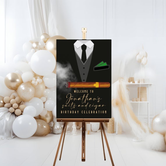 Editable Suits and Cigars Welcome Sign Template for Men's Birthday Party – Personalized Cigar Theme Banner – DIY Printable Decor