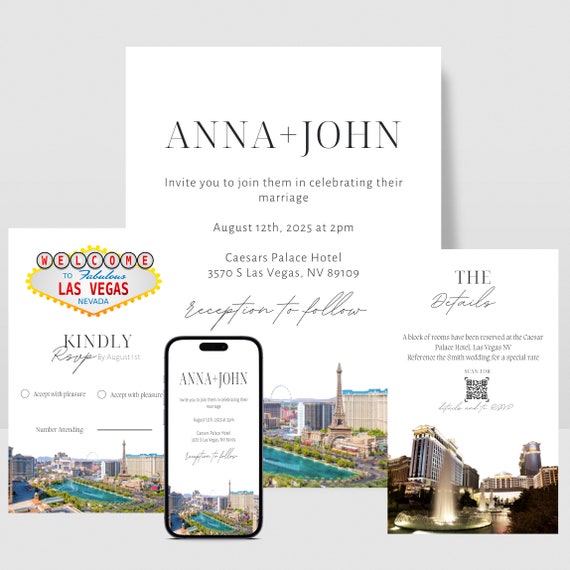 Vegas Wedding Invitation Template Set, Editable Las Vegas Wedding Invite Suite Template, Caesar Palace  Skyline, Instant Download, #LVGS