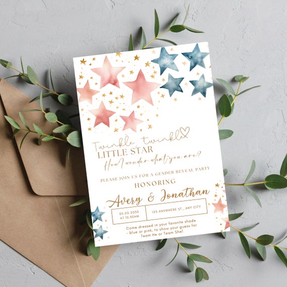Editable Pink and Blue Stars Gender Reveal Invitation Template - Twinkle Little Star Printable Invite - Customizable Baby Shower Invitations