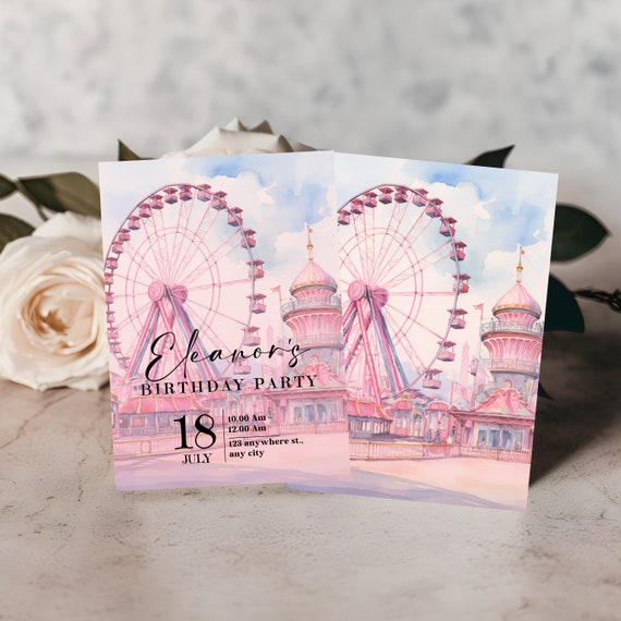 Editable Theme Park Birthday Invite | Amusement Park Invitation | Fairgrounds Rollercoaster Party | Ferris Wheel Birthday Invite