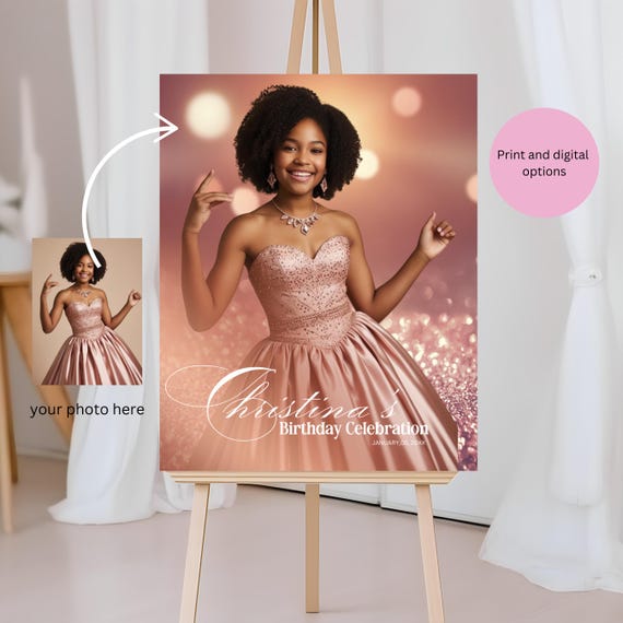Custom Photo Sweet 16 Birthday Welcome Sign | Rose Gold Party Entrance Decor | Editable Birthday Welcome Template, Sweet 16 Celebration Sign
