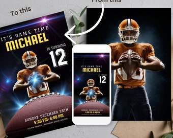 Modèle d'invitation d'anniversaire de football photo modifiable | Faire-parts sportifs personnalisés - Faire-parts personnalisables pour des événements sportifs