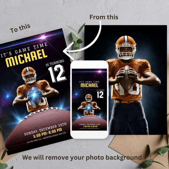 Editable Photo Football Birthday Invitation Template | Personalized Sports Party Invites - Customizable Sports Event Invitations