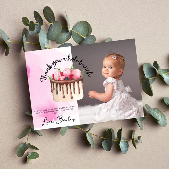 Sweet One Birthday Photo Thank You Card, Pink Cake, 1st Birthday Party Cards, Print and Digital #SBC