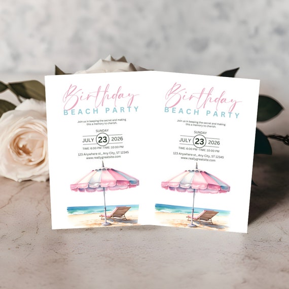 Editable Birthday Beach Party Invitation, Pink Tropical Swimming Party Invite Template, Summer Beach Bash Editable Template