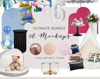May include: A collection of 3D mockups for kids birthday party decorations. The mockups include a unicorn balloon, a gift box balloon, a number 6 balloon, a tent, a cake stand, a table, a teddy bear, and a variety of balloons. The text "ULTIMATE BUNDLE 3D MOCKUPS KIDS BIRTHDAY THEME" is displayed on the image.