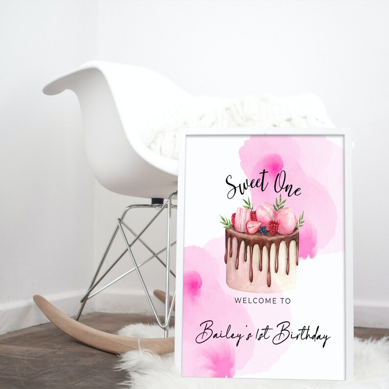 Sweet One Birthday Cake Welcome Sign, 1st Birthday Party Signs, Pink ...