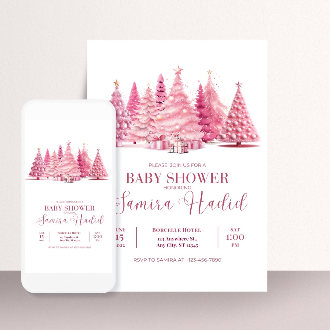 Pink Christmas Tree Baby Shower Invitation Winter Girl Baby Etsy