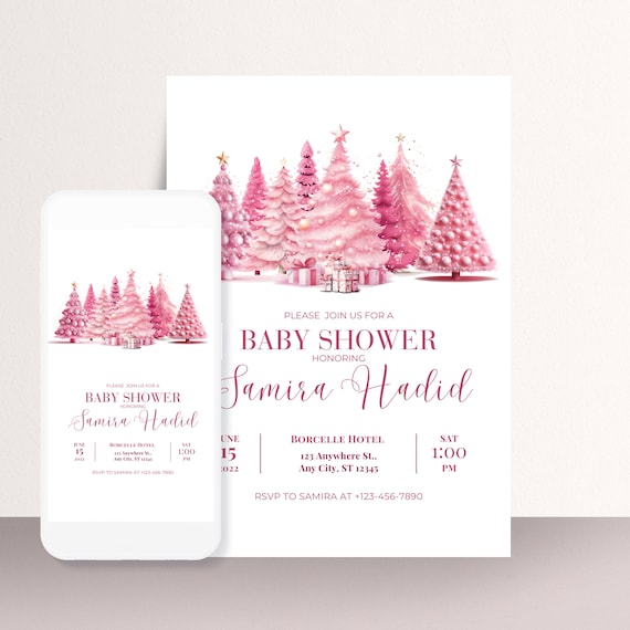 Pink Christmas Tree Baby shower Invitation, Winter Girl Baby Shower Invitations, Winter Pink Digital Baby Shower, Instant Download
