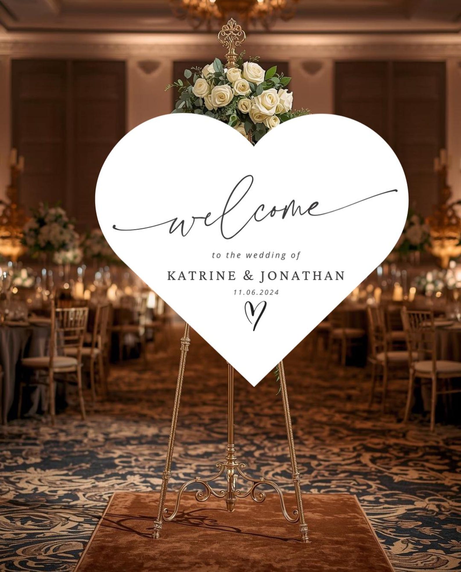 Heart Shaped Wedding Welcome Sign, Bride & Groom Name Date Sign, Black ...