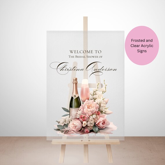 Editable Pink Floral Bridal Shower Clear Frosted Acrylic Welcome Sign Template - Elegant Bride-to-Be Party Décor - Wine & Champagne Theme