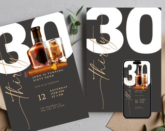 Editable Adult Whiskey and Cigar Birthday Invitation | Any Age Men&#39;s Bday Invite | Printable Instant Download Birthday Party Template