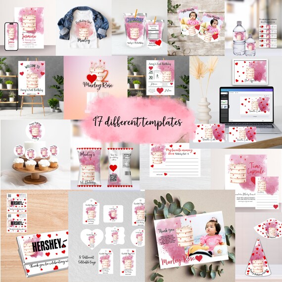 Valentine Birthday Party Ultimate Bundle Template, Editable Valentines Cake Hearts Templates, Printable Birthday, Instant Download, #VAL
