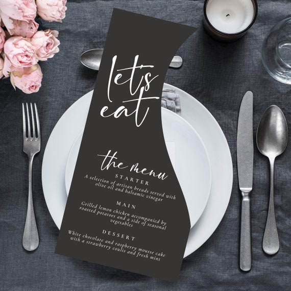 Editable Modern Wave Wedding Menu | Black and White Elegant Wavy Shape Dinner & Drink Menu | Simple Table Menu Design