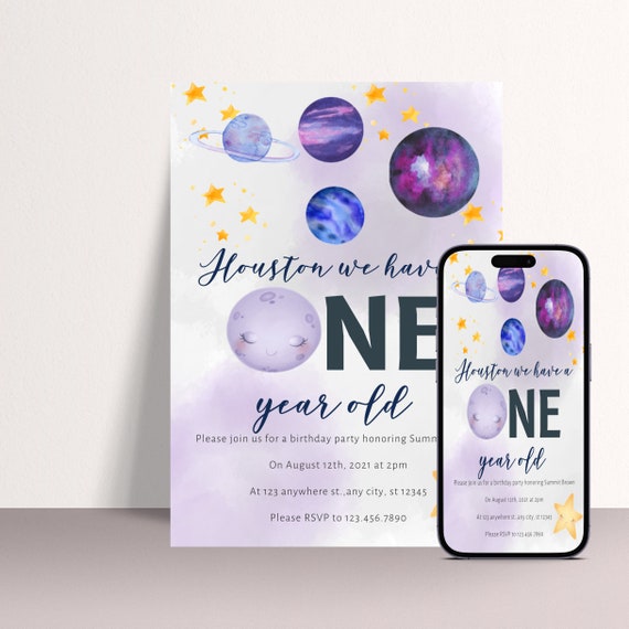 Space Birthday Invitation Template, Purple Galaxy Birthday Party Invite, Houston We Have a One Year Old, Stars Birthday Invite, #SBP