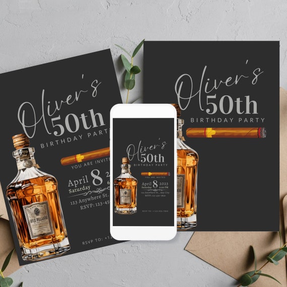 Adult Whiskey and Cigar Birthday Invitation, Editable Any Age Men's Birthday Invite, Printable Bday Invitations, Instant Download