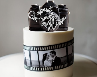 Tårttoppare med kamera och filmremsa för bruddusch - Anpassad tårttoppare med bröllopsfoto - Ätbar fondanttårtdekoration - Festtoppare för fotografering