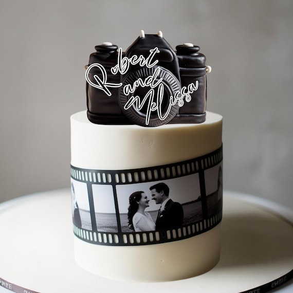 Bridal Shower Camera & Film Strip Cake Topper - Custom Wedding Photo Cake Topper - Edible Fondant Cake Decor - Photography Party Topper