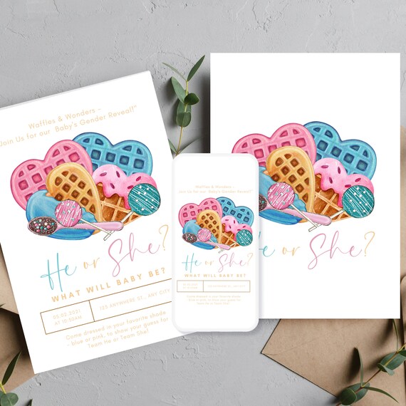 Sweet Waffle Gender Reveal Invitation - Custom Baby Boy or Girl Announcement, Breakfast Theme Party, - Waffle Love Gender Reveal Party