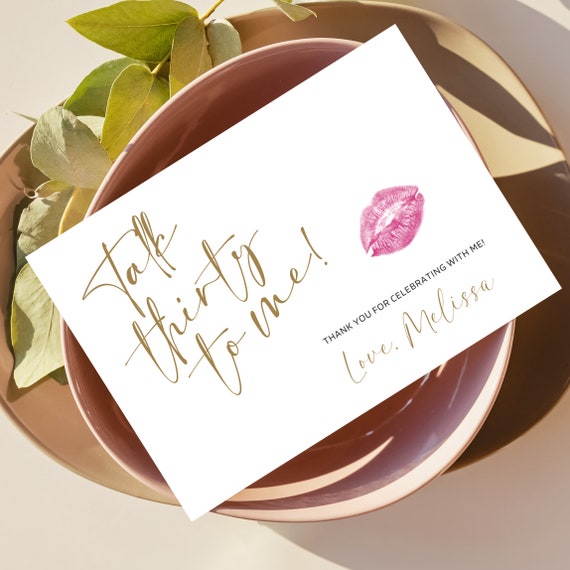 Customizable 'Talk Thirty to Me' Thank You Card Template - DIY Pink Lip Theme Party Cards - Personalized Printable, Print and Digital