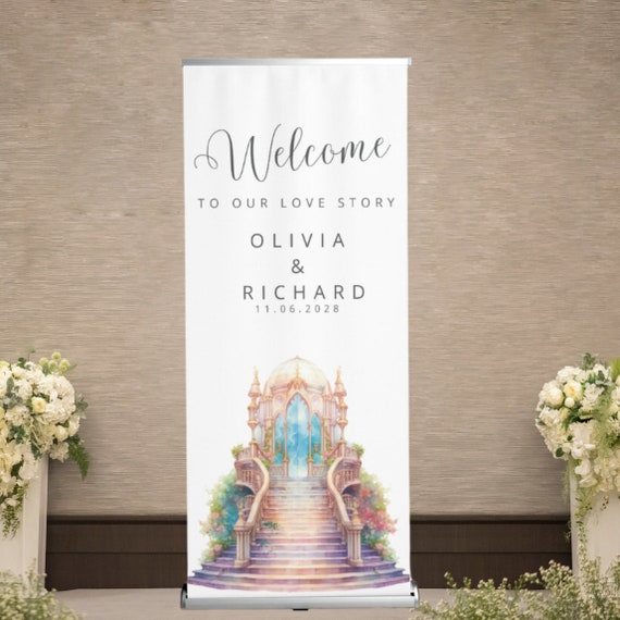 Fairytale Wedding Retractable Welcome Sign, Wedding Staircase Party Signs Template, Happily Ever After Banner, Wedding Signage