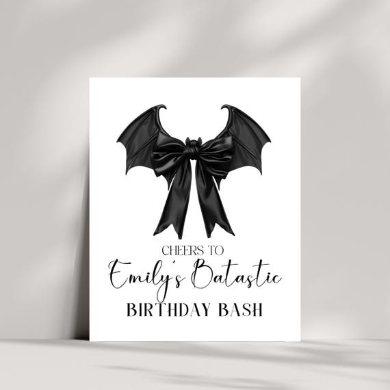 Cheers to a Bat-tastic Birthday Bash! | Editable Personalized Birthday Welcome Sign | Custom Black Bat Bow Party Decor, Instant download