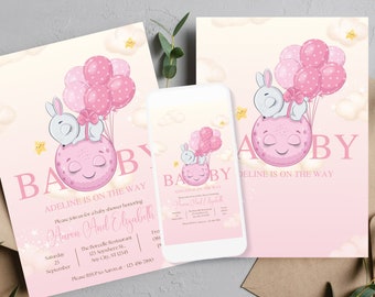 Editable Pink Bunny Girl Shower Invitation Template - A Little Bunny is On The Way! Editable Baby Shower Invitations, Baby Announcement