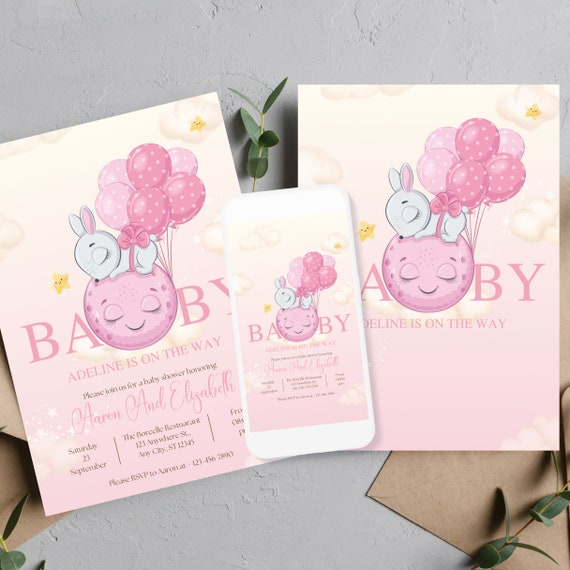 Editable Pink Bunny Girl Shower Invitation Template - A Little Bunny is On The Way! Editable Baby Shower Invitations, Baby Announcement
