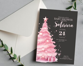 Pink and Black Christmas Tree Baby shower Invitation, Winter Girl Baby Shower Invitations, Winter Pink Digital Baby Shower, Instant Download