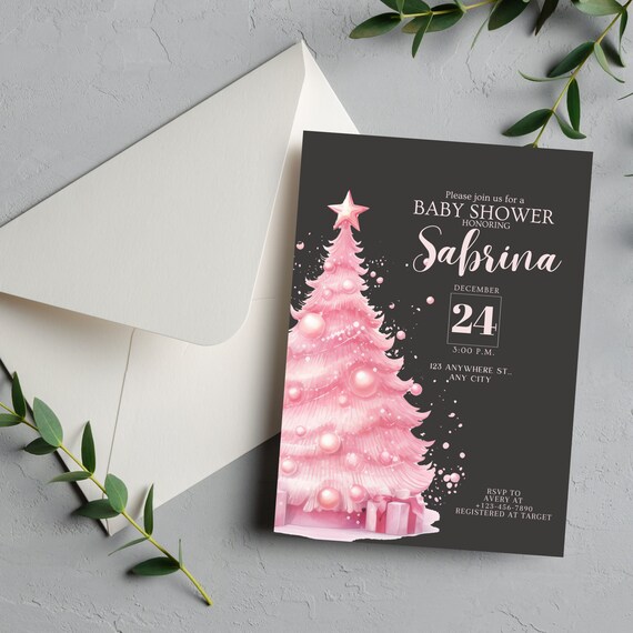 Pink and Black Christmas Tree Baby shower Invitation, Winter Girl Baby Shower Invitations, Winter Pink Digital Baby Shower, Instant Download