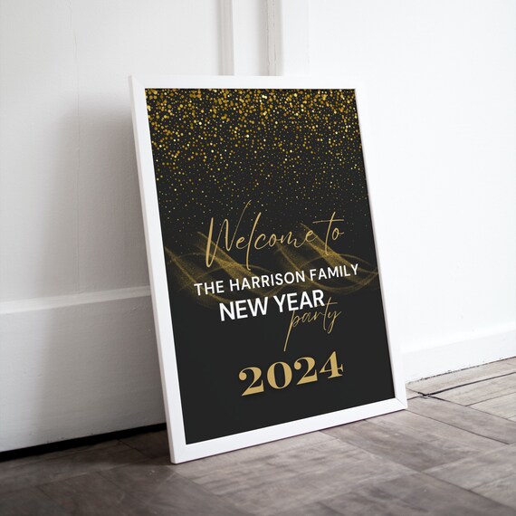Chic Black and Gold New Year Party Welcome Sign Template, Black and Gold Celebration Banner, Editable New Years Eve Decor