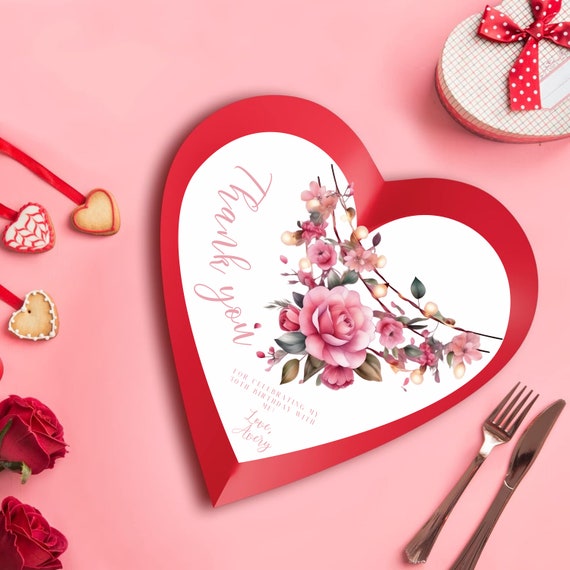 Editable Heart Floral Charger Plate Card Template - Perfect for Ladies' Birthday Party Thank You Notes - Printable Heart Shaped Cards