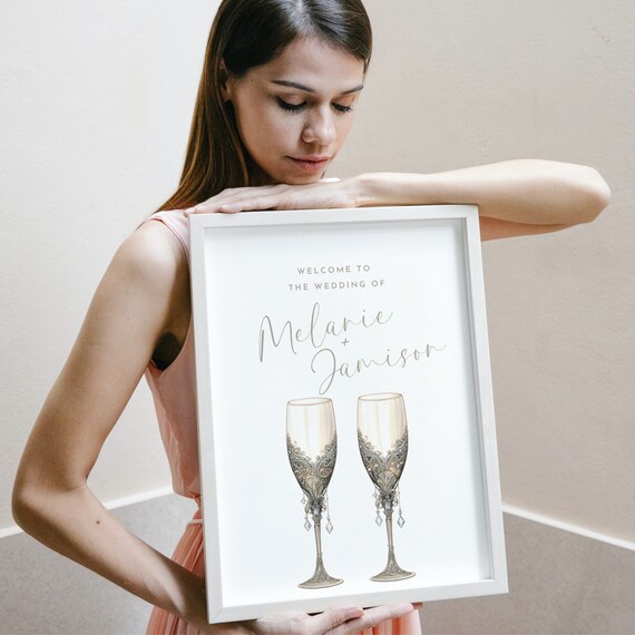 Editable Wedding Welcome Sign Template | Personalized Champagne Flutes Party Decor | DIY Printable Signs & Banner - Customizable Signs