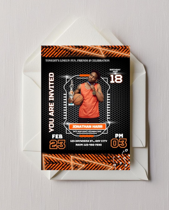 Basketball Birthday Invitation, Custom Sports Invite, Player Card Theme Party Invite, Personalized Photo Invitation editable template