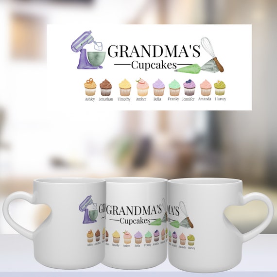 Grandma's Cupcakes Heart Handle Mug, Grandkids Name Coffee Mugs, Custom Personalized Gift, Mothers Day Gifts, #GCM