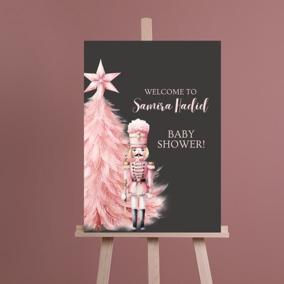 Pink Christmas Tree Baby Shower Welcome Sign Template, Pink Holiday Nutcracker Baby Shower Banner, Editable Pink Shower Signs