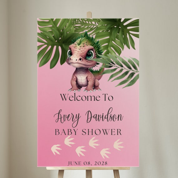 Editable Pink Dinosaur Baby Shower Welcome Sign, Custom Dino Party Banner, Dinosaur Shower Decor, Personalized Girl's Dino Themed Party Sign