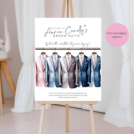 Custom Welcome Sign for Groom and Groomsmen Suite | Dusty Blue, Grey, Pink Wedding Decor | Groom Suite Sign, Groomsmen, Wedding Day Signage