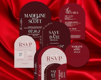 Elegant Red & Pink Wedding Arch Invitation Suite | Minimalist Wedding Invitation Set | Modern Editable Wedding Template
