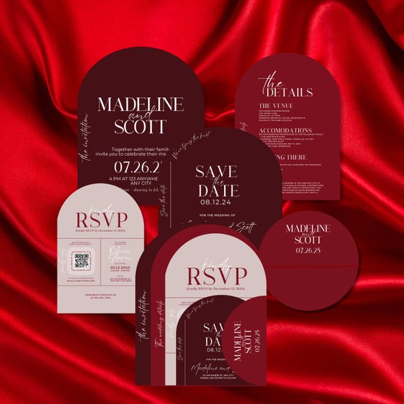 Elegant Red & Pink Wedding Arch Invitation Suite | Minimalist Wedding Invitation Set | Modern Editable Wedding Template
